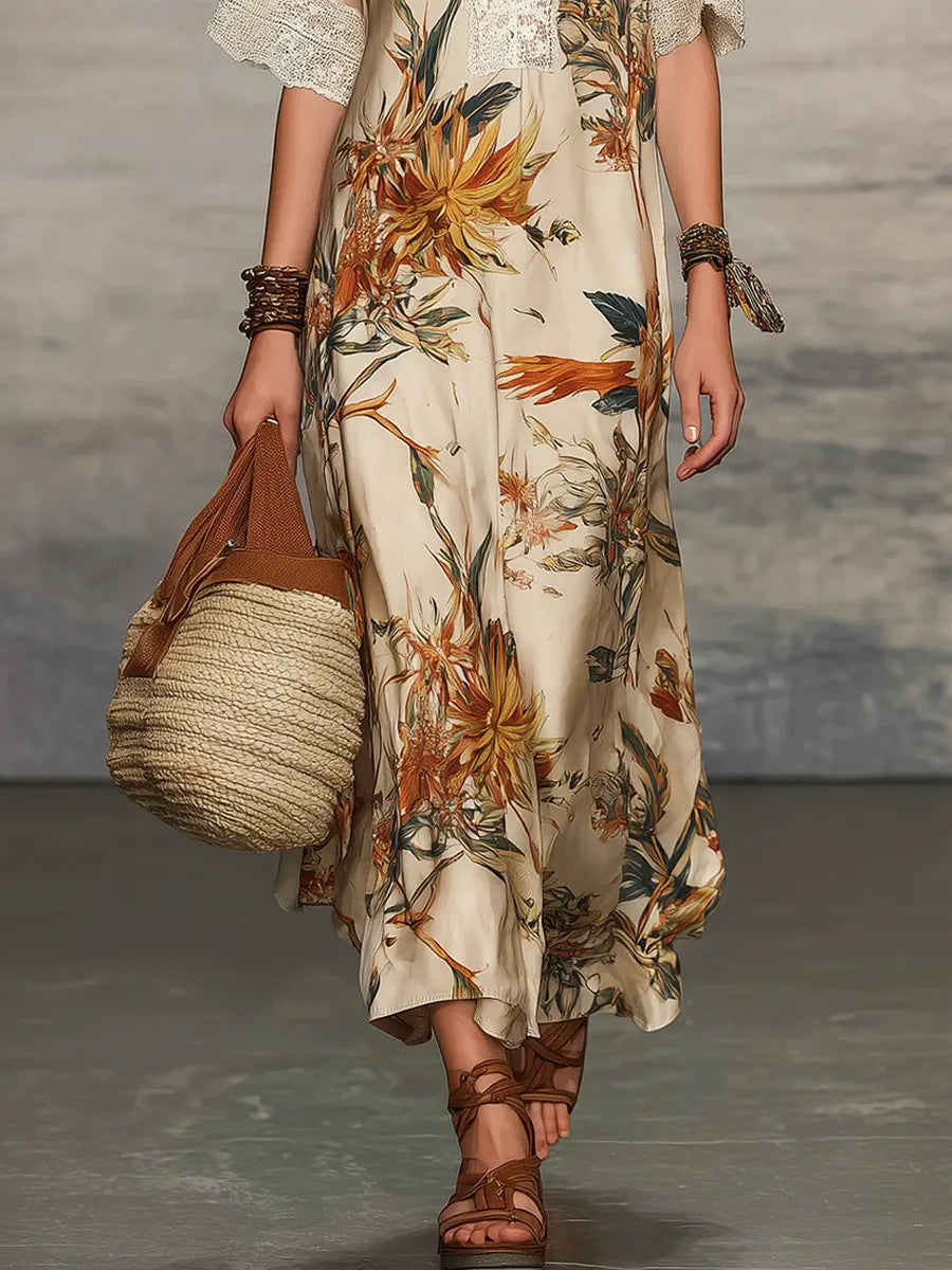 Robe décontractée et élégante à manches courtes à motif floral rétro pour femme