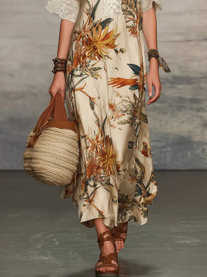 Robe décontractée et élégante à manches courtes à motif floral rétro pour femme