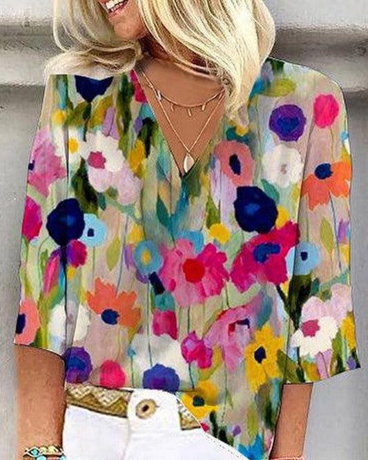 Chemise décontractée à col V, manches trois‑quarts, à imprimé floral coloré