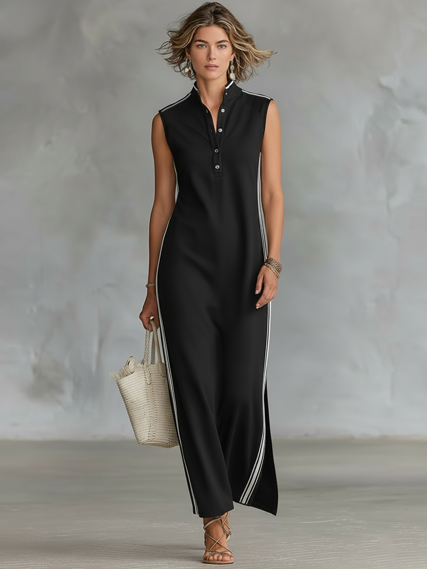 Robe maxi sans manches Henley de style sport minimaliste pour femme
