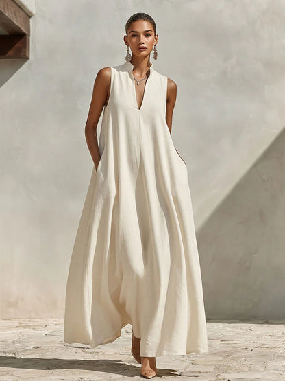 Stand Collar Sleeveless Linen Blend Pocketed Oversized Maxi Dress