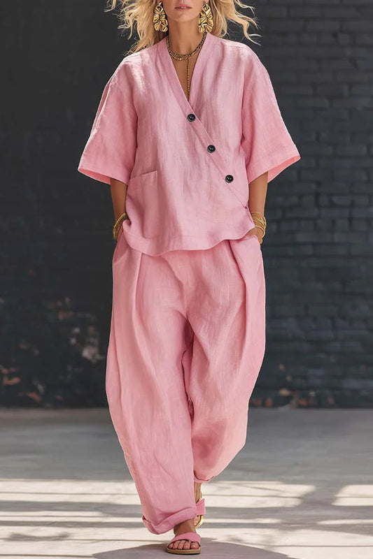 Linen Blend Solid Color V-neck Short-sleeved Loose Top and Elastic Waist Pocket Casual Pants Set