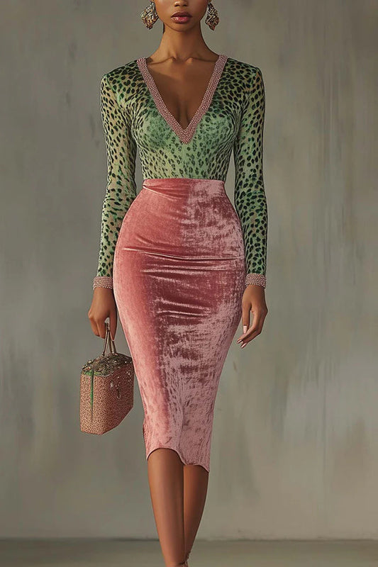 Robe midi slim stretch patchwork en velours tendance