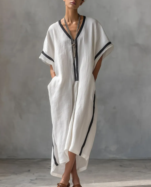 Robe caftan à col V en mélange de lin
