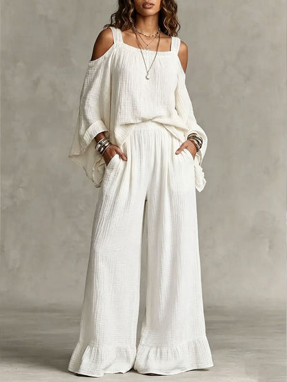 Women Solid Textured Cold Shoulder Batwing Top Elastic Waist Ruffle Wide Leg Pants Matching Set