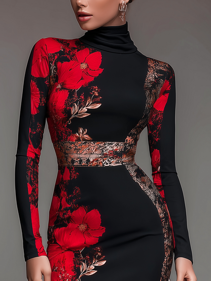 Robe midi en jersey à col montant élégant, manches longues
