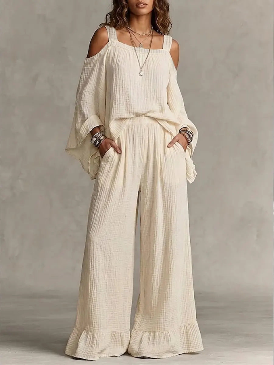 Women Solid Textured Cold Shoulder Batwing Top Elastic Waist Ruffle Wide Leg Pants Matching Set