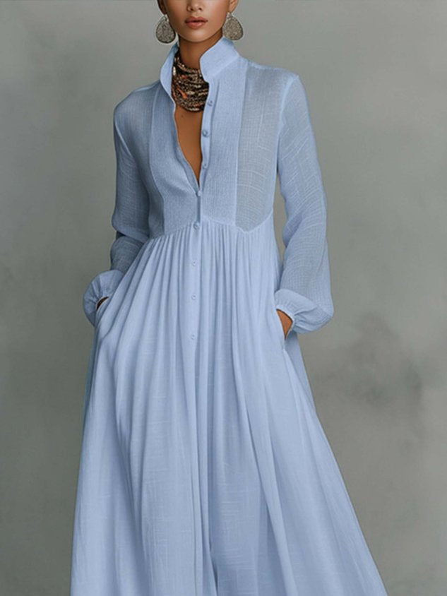 Robe maxi décontractée en coton et lin, taille haute, col montant, pour le quotidien