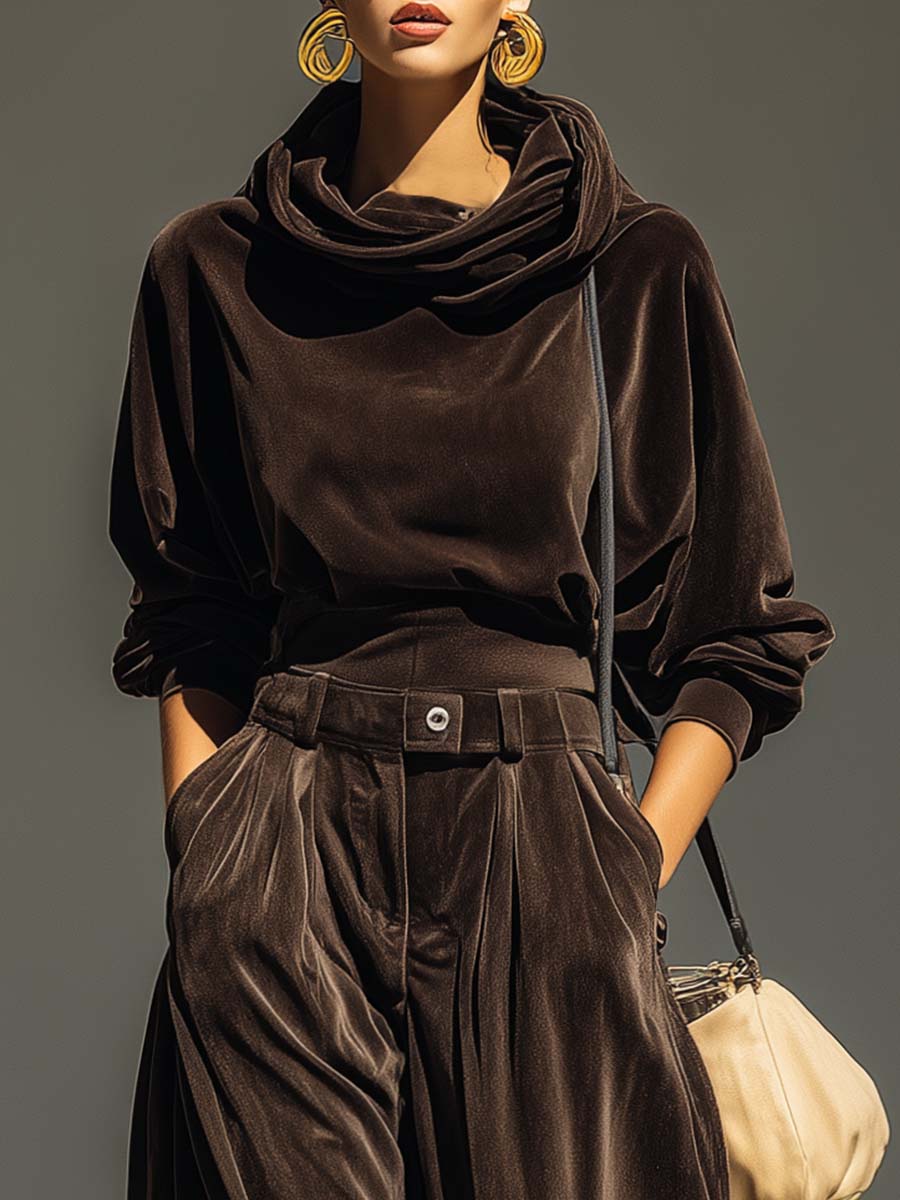 Ensemble sweat à capuche en velours marron vintage et pantalon ample (ceinture incluse)