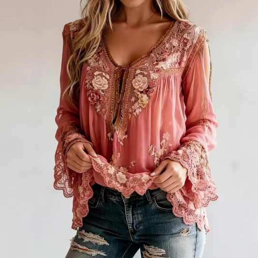 Blouse à manches longues semi‑transparente à col V à motif floral