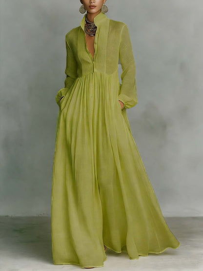 Robe maxi décontractée en coton et lin, taille haute, col montant, pour le quotidien
