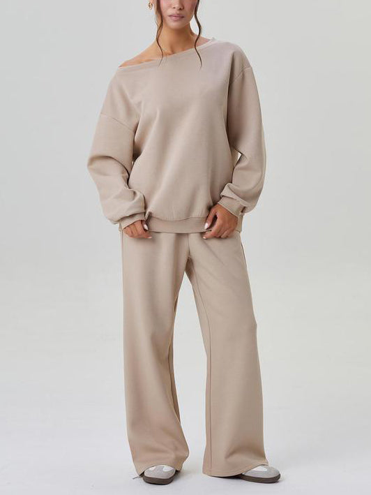 Ensemble haut à manches longues épaules découvertes et pantalon à jambes larges pour femme