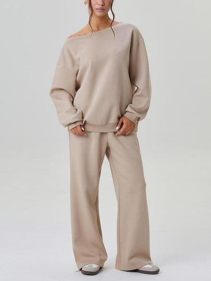 Ensemble haut à manches longues épaules découvertes et pantalon à jambes larges pour femme