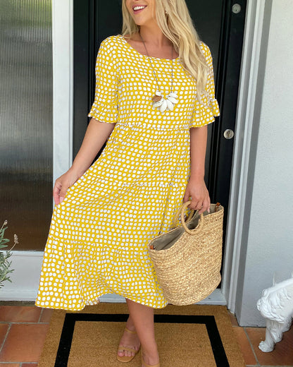 Robe midi à col rond à imprimé à pois