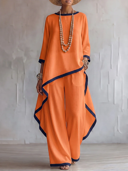 Stylish Cotton-linen Two-piece Set With Elegant Color-contrast Trim