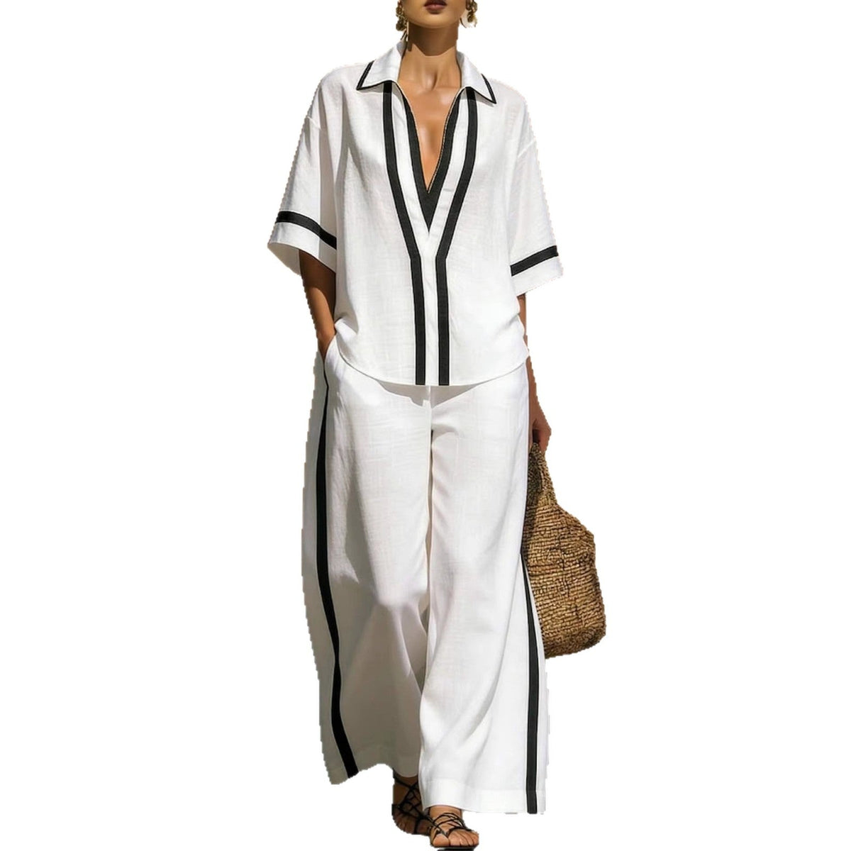 Ensemble deux‑pièces à blocs de couleurs tendance : chemise décontractée à manches courtes et pantalon à jambes larges