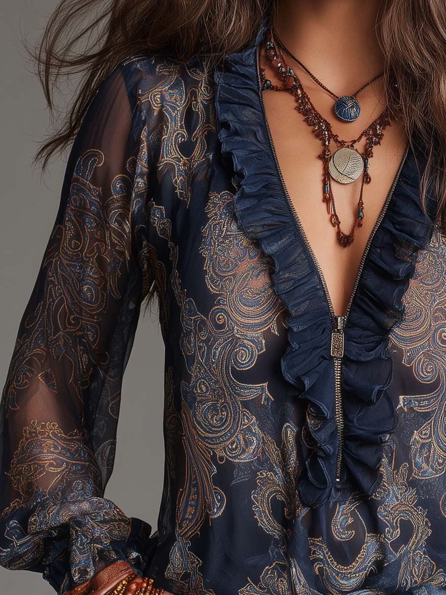 Blouse en mousseline de soie à zip, à volants, à motif cachemire baroque bleu marine