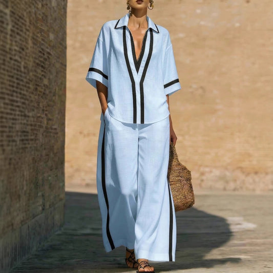 Ensemble deux‑pièces à blocs de couleurs tendance : chemise décontractée à manches courtes et pantalon à jambes larges