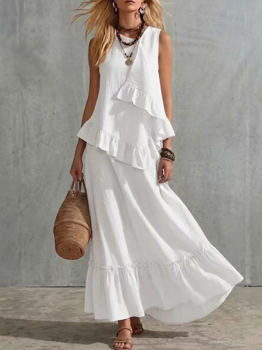 Asymmetrical Ruffle Sleeveless Textured Maxi Dress, Flowy Loose Summer Resort Long Dress