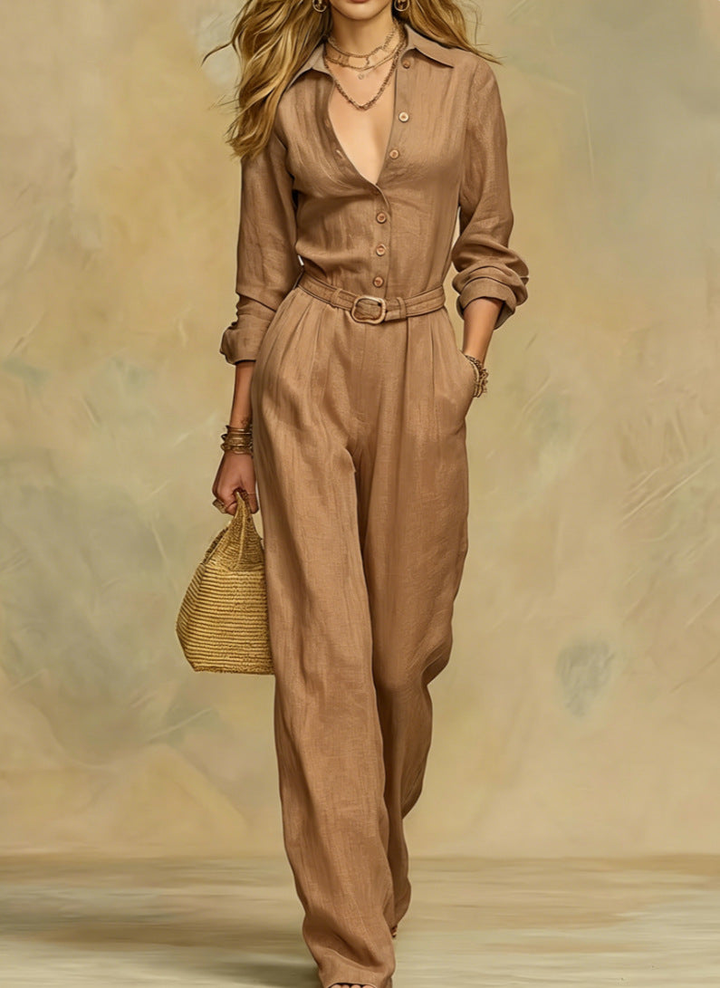 Classic Collared Belted Linen Blend Wide Leg Jumpsuit