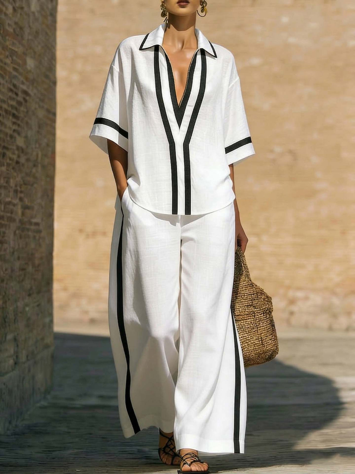 Ensemble deux‑pièces à blocs de couleurs tendance : chemise décontractée à manches courtes et pantalon à jambes larges