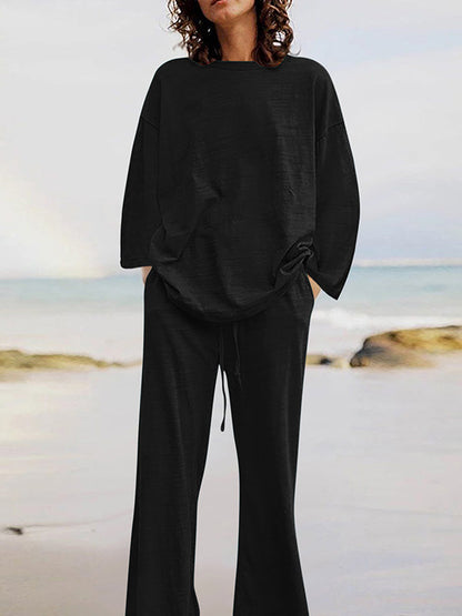 Ensemble deux pièces : haut chemise à manches longues ample col rond couleur unie + pantalon à cordon taille
