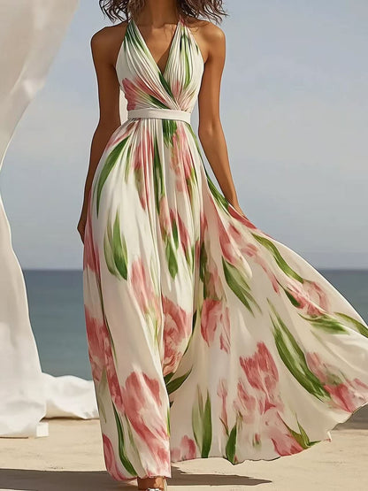 Halter V-Neck Floral Pleated Maxi Dress with Waist Belt