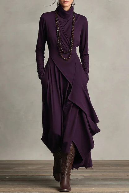 Robe maxi décontractée unie à col montant et manches longues, coupe asymétrique