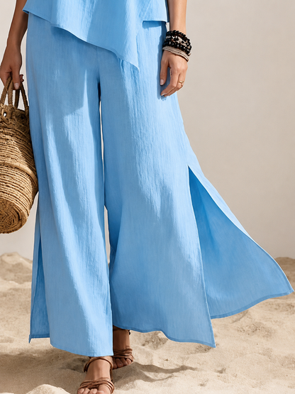 Cotton-linen Round-neck Asymmetrical Top + Side-slit Wide-leg Pants Two-piece Set