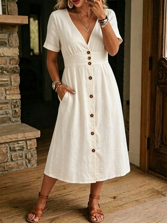 Robe décontractée ample en lin et coton à manches courtes pour femme