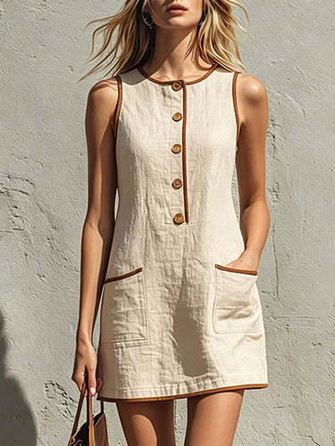 Sleeveless Button Front Casual Mini Dress with Pockets