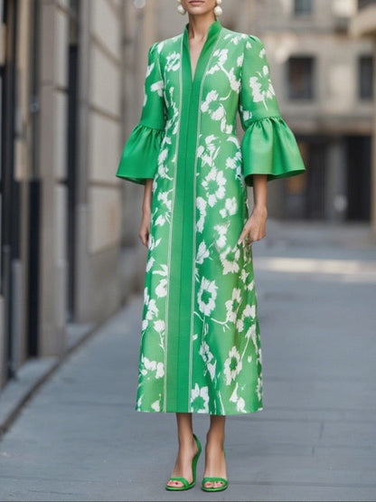Robes longues à col V, à manches évasées, coupe ample, à imprimé floral, plissées, avec poches et fentes latérales