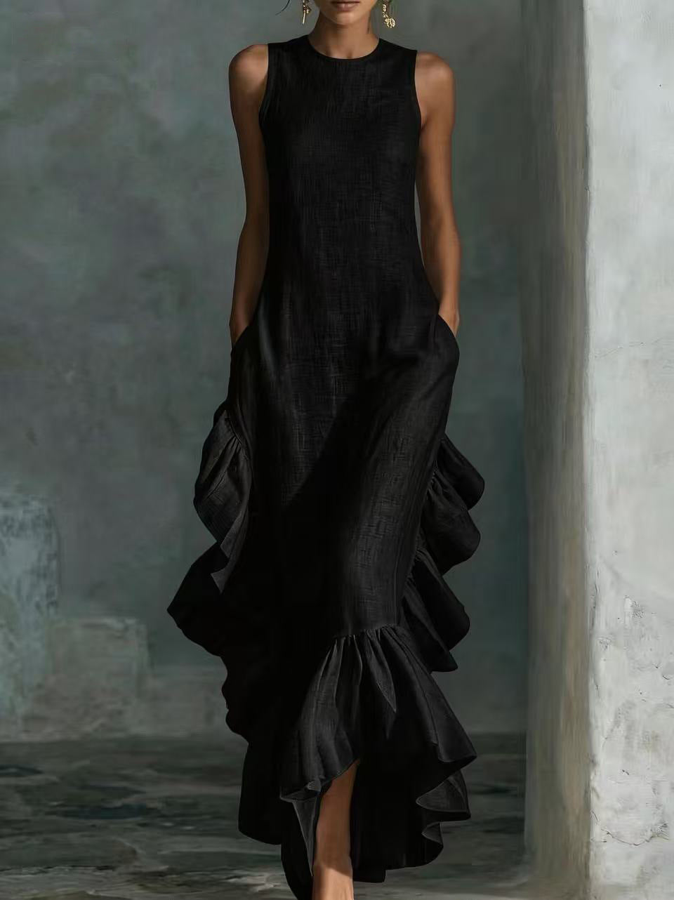 Robe longue maxi en lin sans manches à volants
