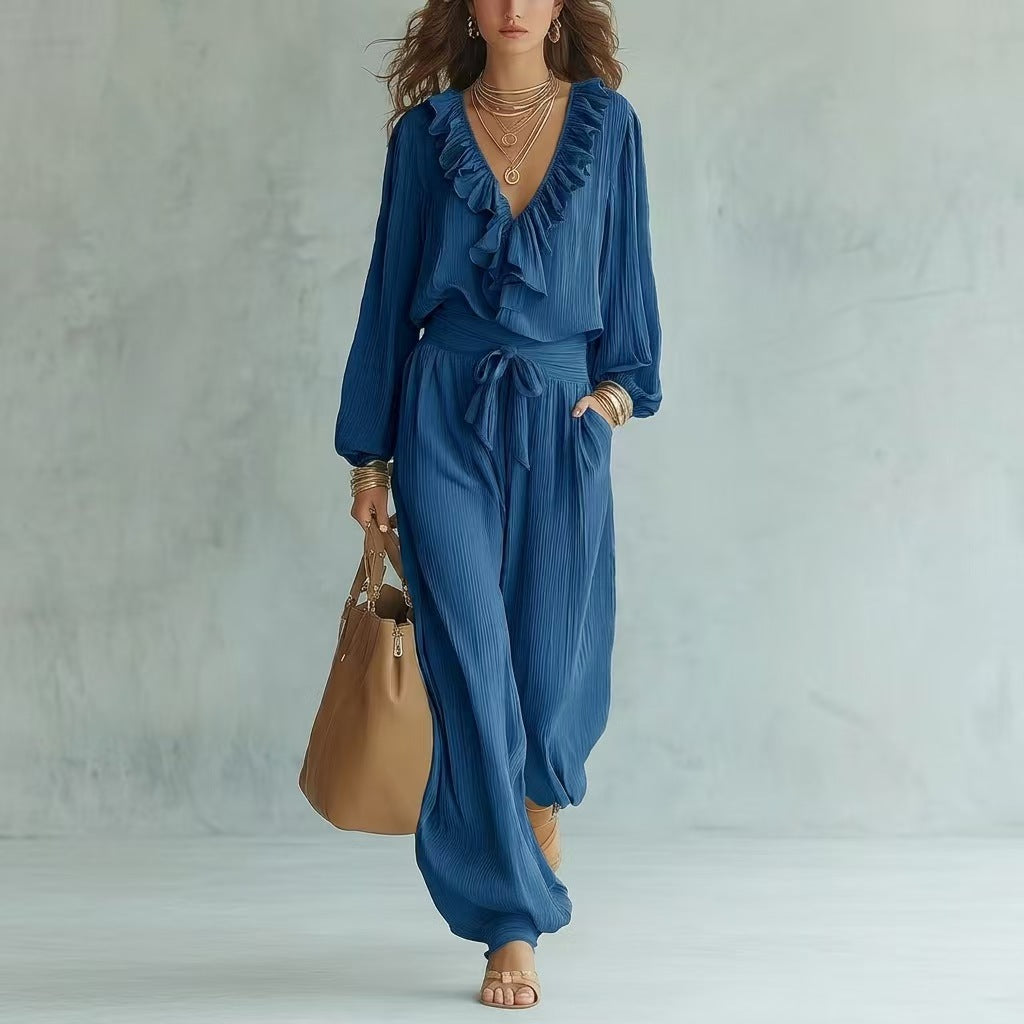 Ruffle V-Neck Long Sleeve Top & Tie Waist Wide Leg Pants Two Piece Set