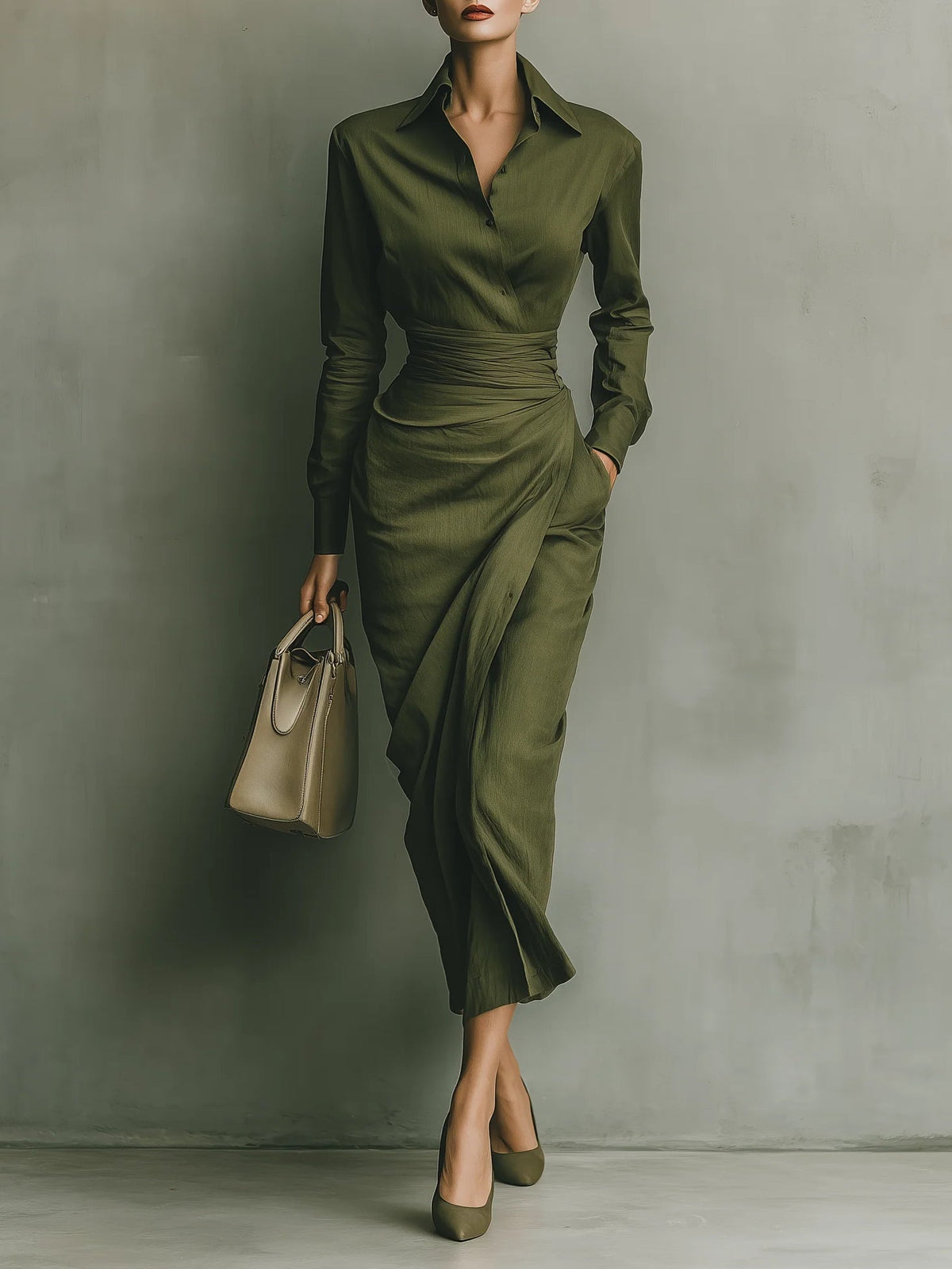 Robe longue en mélange de coton vert armée