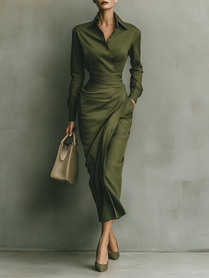 Robe longue en mélange de coton vert armée