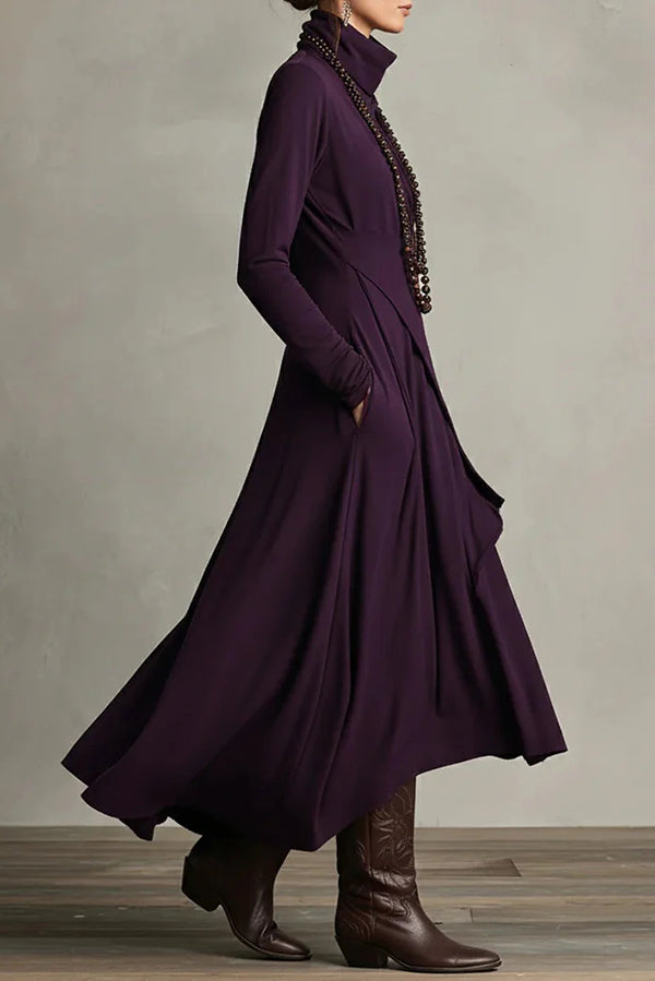 Robe maxi décontractée unie à col montant et manches longues, coupe asymétrique