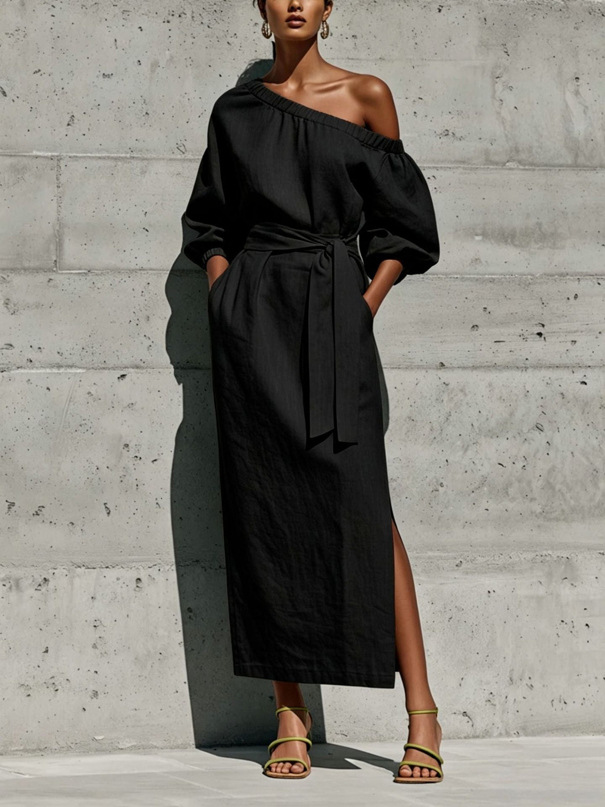 Linen One Shoulder Puff Sleeve Tie Waist Side Slit Midi Dress