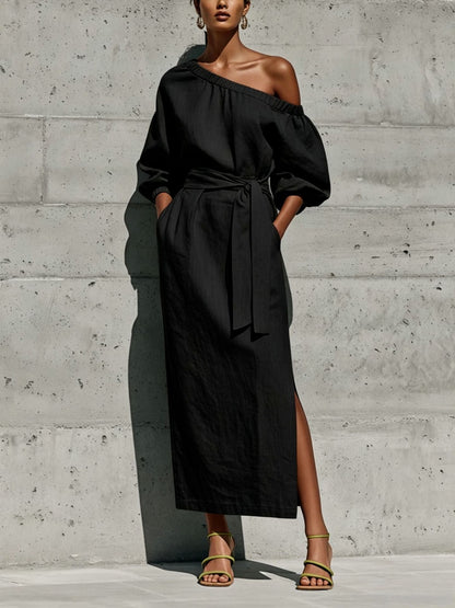Linen One Shoulder Puff Sleeve Tie Waist Side Slit Midi Dress