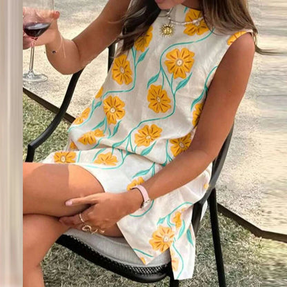 Élégante robe mini femme d’été, col rond sans manches, coupe ample, imprimé floral, style bohème‑chic, idéale pour les vacances et les soirées