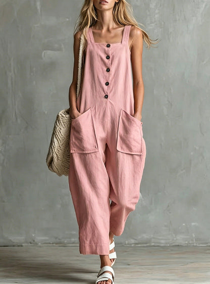 Loose Linen Square Neck Sleeveless Pocket Jumpsuit Casual Overall