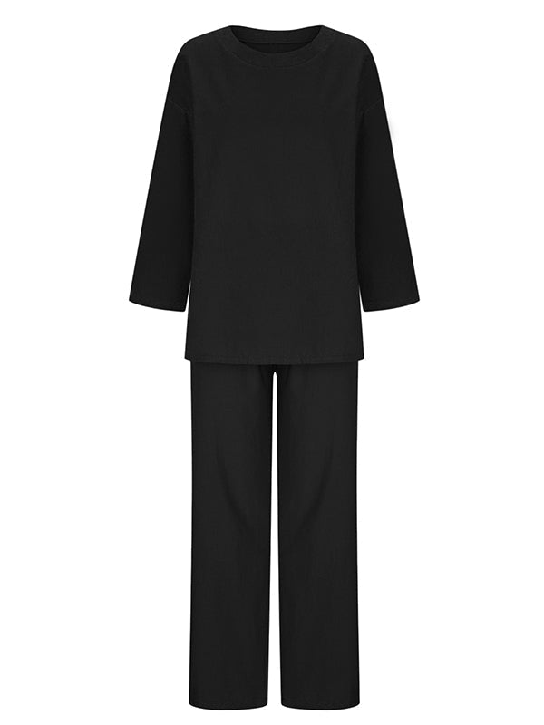 Ensemble deux pièces : haut chemise à manches longues ample col rond couleur unie + pantalon à cordon taille