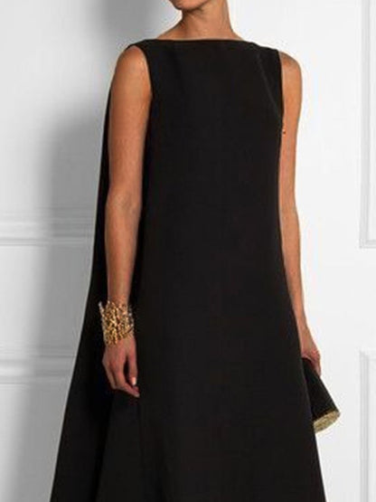 Robe vintage unie sans manches en tissu tissé à col rond
