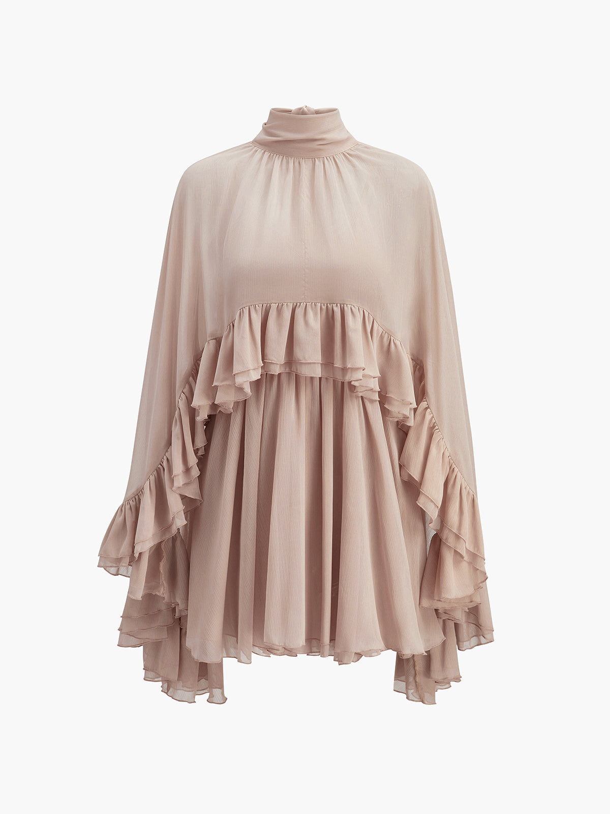 Robe à volants en mousseline semi-transparente avec cape extérieure