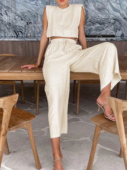 Ensemble deux pièces pantalon jambes larges en lin utilitaire