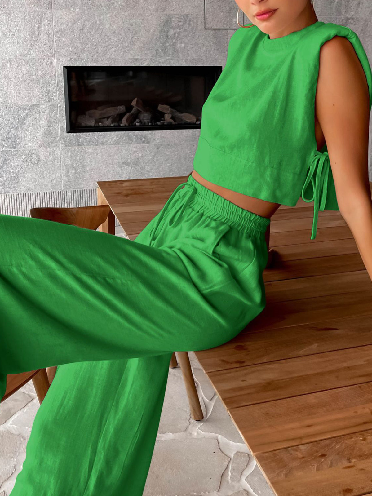 Ensemble deux pièces pantalon jambes larges en lin utilitaire