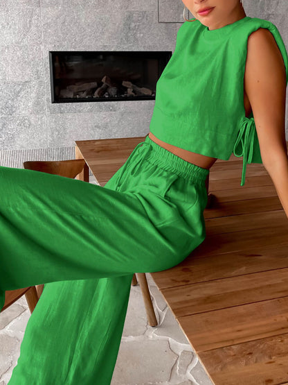 Ensemble deux pièces pantalon jambes larges en lin utilitaire