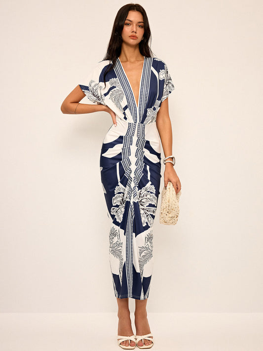 Robe midi imprimée à décolleté plongeant en V sans ceinture