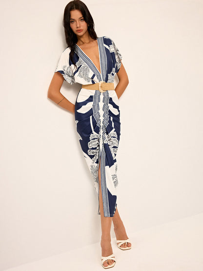 Robe midi imprimée à décolleté plongeant en V sans ceinture