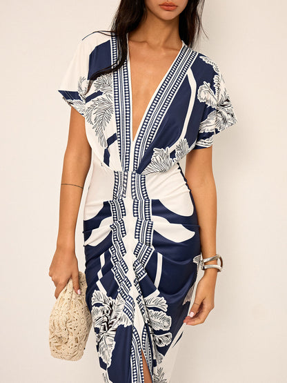 Robe midi imprimée à décolleté plongeant en V sans ceinture